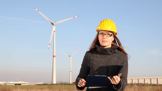 HD:女工程师，风力涡轮机背景视频下载