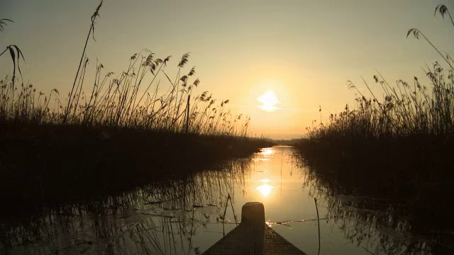 日落时在沼泽水域航行的小船视频下载