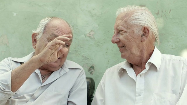 老朋友，两个快乐的老人在公园里聊天视频素材