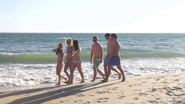 一群青少年朋友一起在海滩上散步视频素材