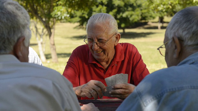活跃的老年人，一群老朋友在公园打牌视频素材