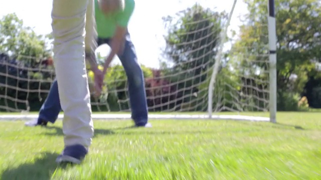 多代男性家庭在花园里踢足球视频素材