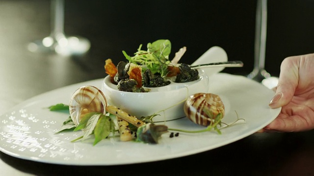 在豪华餐厅供应美味的烤蜗牛。特写镜头。视频素材