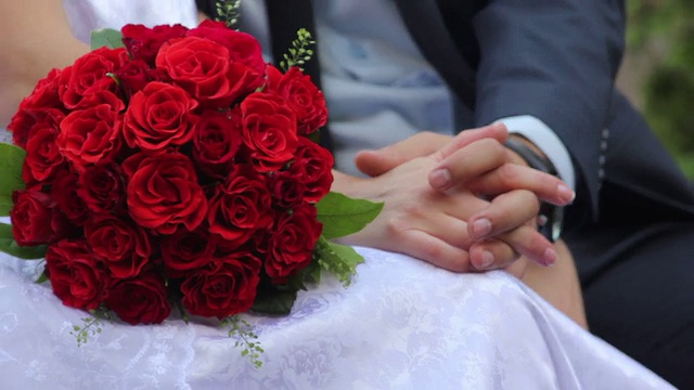 新婚夫妇和新郎坐在长凳上，手捧一束玫瑰视频下载