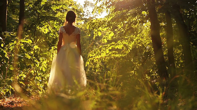 美丽的新娘穿着年轻女子步行森林自然阳光视频下载