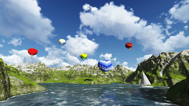 气球上的山，海和动画云视频素材