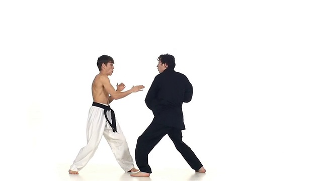斯巴林以跆拳道和武术或空手道男子为背景，互相打击，动作缓慢视频下载