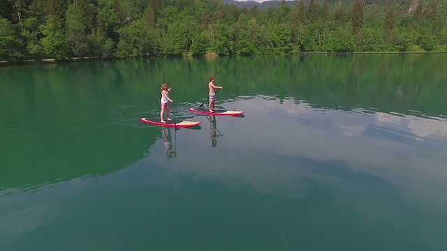 航拍:年轻夫妇正在用直立式桨板冲浪视频素材