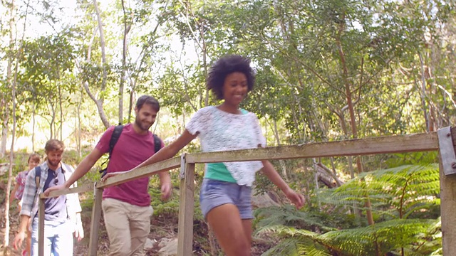 一群朋友穿过森林里的一座小桥视频素材
