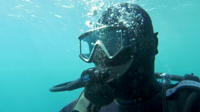 在阳光明媚的日子里，潜水员在蓝色的水中潜水视频下载