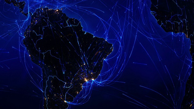 世界连接。空中、海上、地面航线/国家边界。南美洲。视频素材