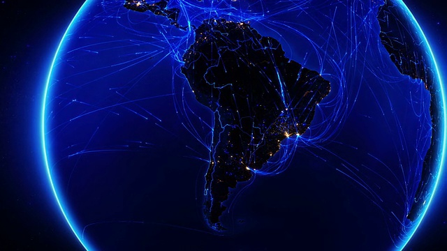 地球连接。南美洲。空中、海上、地面航线/国家边界。视频素材