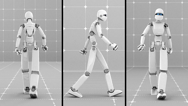 白色未来机器人在室内行走-正面，侧面，背面视频素材