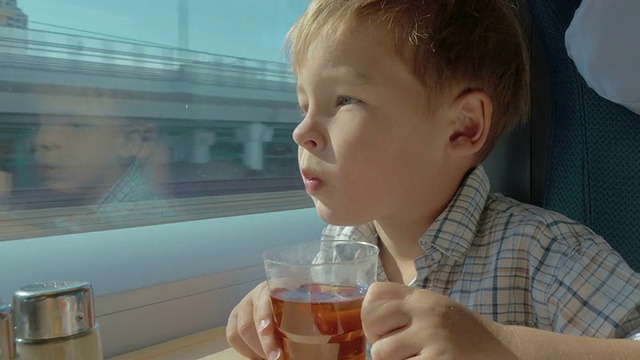 在行进中的火车上，孩子们一边喝茶一边望着窗外视频素材