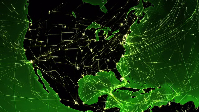 世界连接。美国。空中，海上，地面路线和国家边界。视频素材