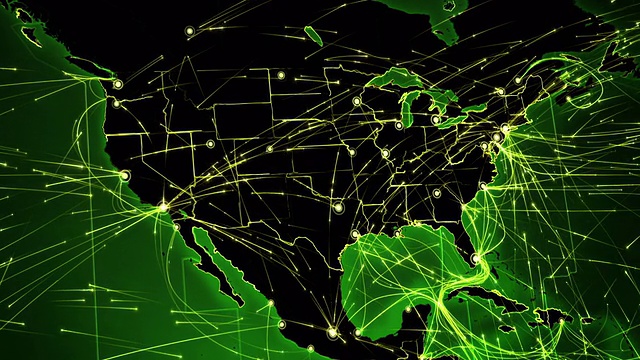 地图连接。Europe-USA。空中，海上，地面路线和国家边界。视频素材