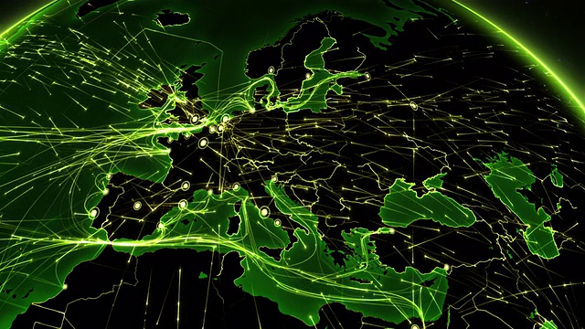地球连接。欧洲。空中，海上，地面路线和国家边界。视频素材