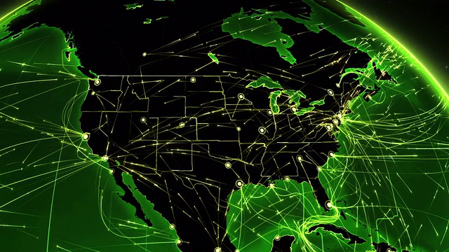 世界连接。美国。空中、海上、地面航线/国家边界。视频素材