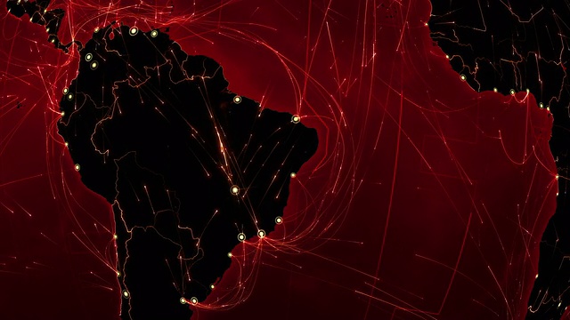 世界连接。南美洲。空中、海上、地面航线/国家边界。视频素材