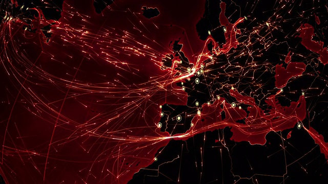 世界连接。欧洲。空中，海上，地面路线和国家边界。视频素材
