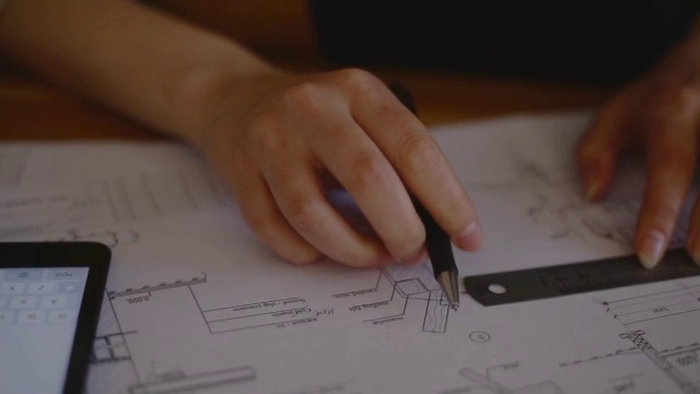 特写:迷人的年轻女建筑师在办公桌上工作，使用指南针的蓝图，并将数据输入电子平板电脑视频素材