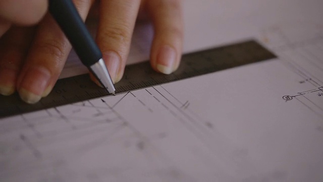 特写:迷人的年轻女建筑师在办公桌上工作，使用指南针的蓝图，并将数据输入电子平板电脑视频素材