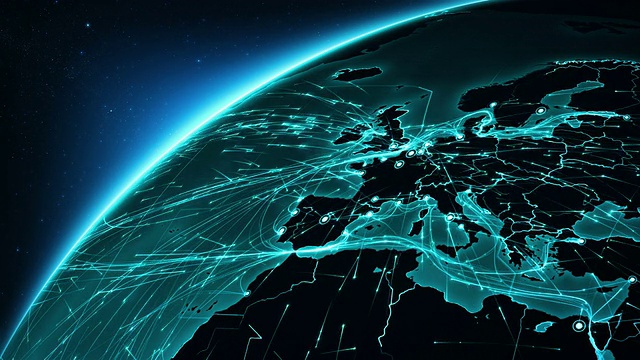 地球连接。欧洲。空中，海上，地面路线和国家边界。视频素材