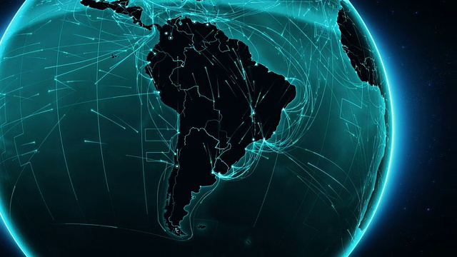 地球连接。南美洲。空中、海上、地面航线/国家边界。视频素材