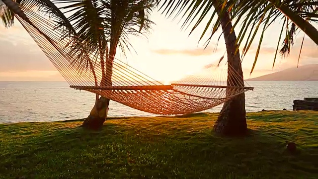日落时分的吊床和棕榈树。后院海滨房地产。毛伊岛视频素材
