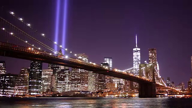 布鲁克林大桥纪念白天夜晚灯光全景4k时间从美国视频素材