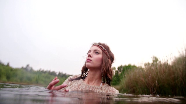 穿着蕾丝的嬉皮女孩部分淹没在自然湖中视频素材