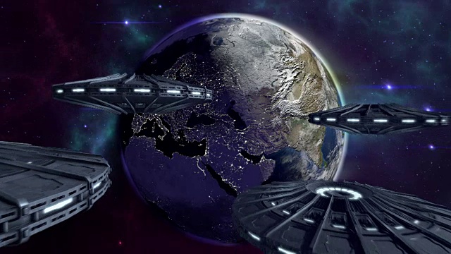 动画ufo飞到开明的地球视频素材