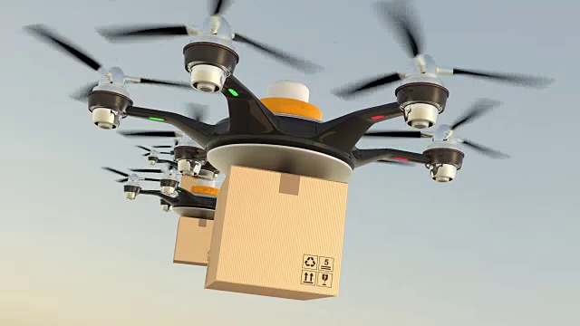 六旋翼无人机编队运送纸箱视频素材