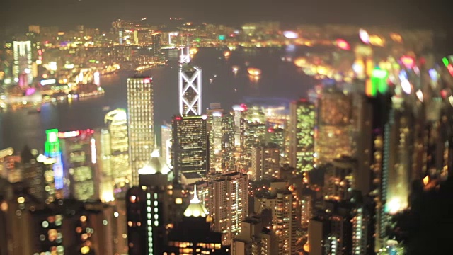 奇妙的夜间平移镜头从太平山顶横跨香港，拍摄与一个古老的倾斜镜头视频下载