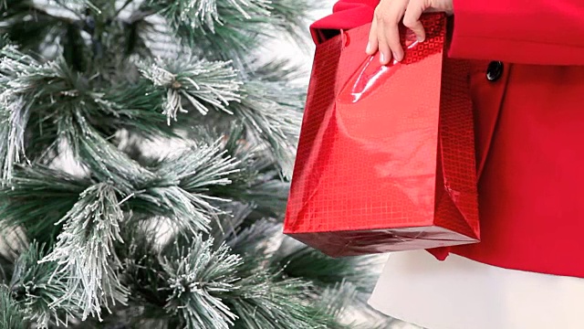 圣诞手拿红包的女人，树在背后视频下载