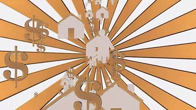 房屋，人，美元和persent图标与sunburst视频下载