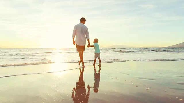 父亲和儿子手牵着手一起在海滩上玩日落。视频素材