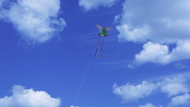 蓝色的天空映衬着五颜六色的蝴蝶形状的风筝视频下载