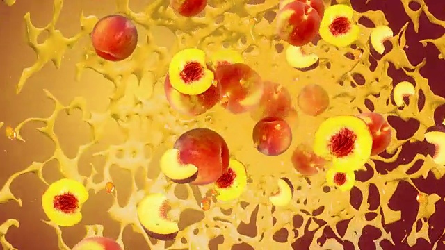 黄橙桃鲜水果喷溅液体果汁背景视频下载