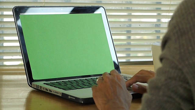 一个人在绿色屏幕的笔记本电脑键盘上打字视频素材