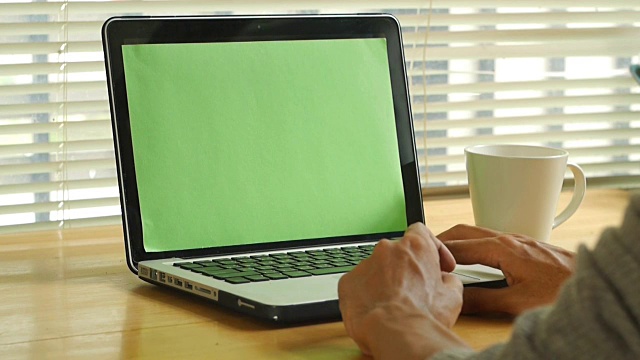 一个人在绿色屏幕的笔记本电脑键盘上打字视频素材
