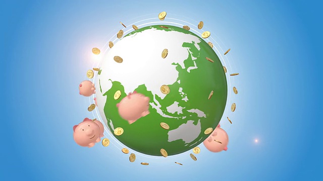 存钱罐和环绕绿色地球的黄金视频下载