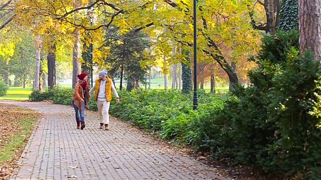 一对浪漫的年轻情侣在公园里散步视频下载