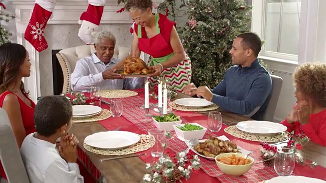 祖母在R3D拍摄的圣诞大餐上带来了火鸡视频素材