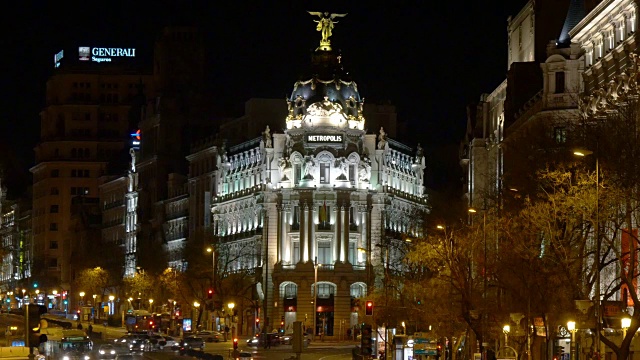 西班牙马德里夜光大都会酒店前格兰通过4k观看视频下载