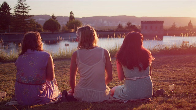 日落时分，年轻女子在公园里共度时光视频下载