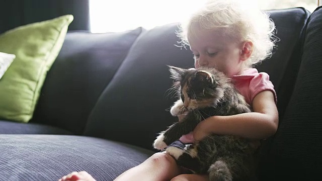 一个小女孩坐在沙发上，抱着一只小猫，给它一个拥抱视频素材