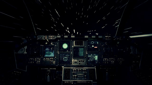 以光速在太空中旅行的飞行员视角中的宇宙飞船座舱视频素材