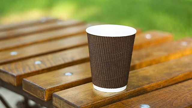 在夏日公园的长椅上喝杯拿铁视频下载