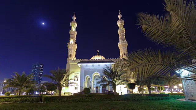 沙迦的Al Noor清真寺在夜间时间流逝的超延时。阿拉伯联合酋长国视频下载